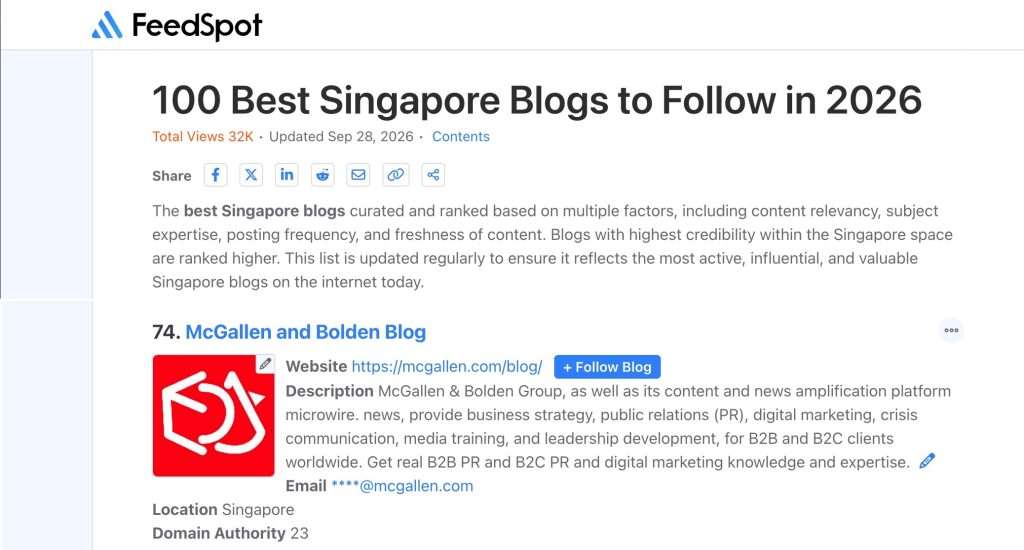 FeedSpot 100 Best Singapore Blogs to Follow in 2026 (McGallen & Bolden)